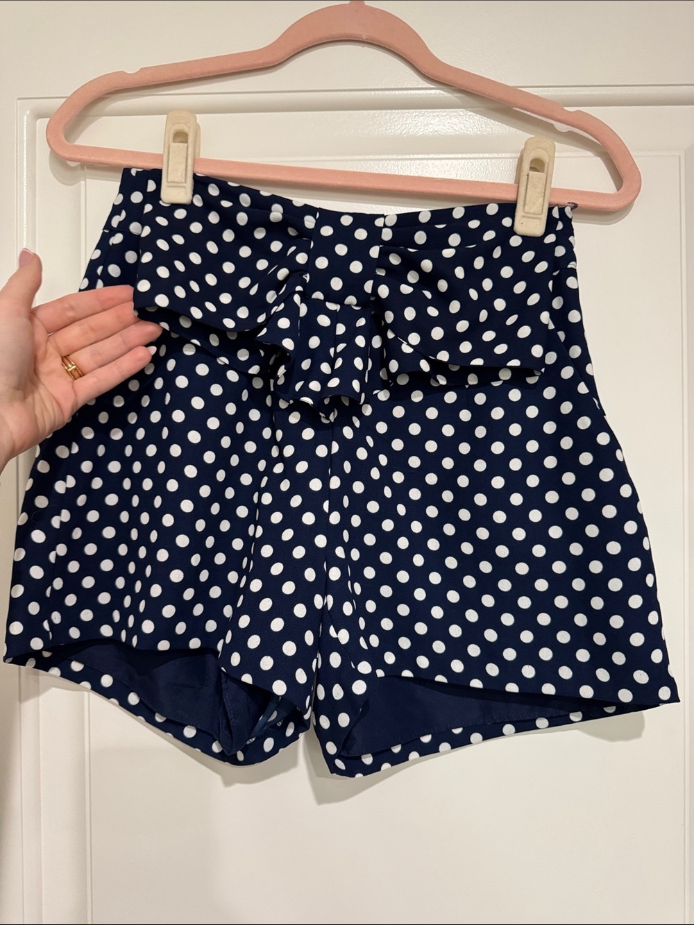 LC Lauren Conrad Navy and White Polka Dot High-Waist Ruffle Shorts